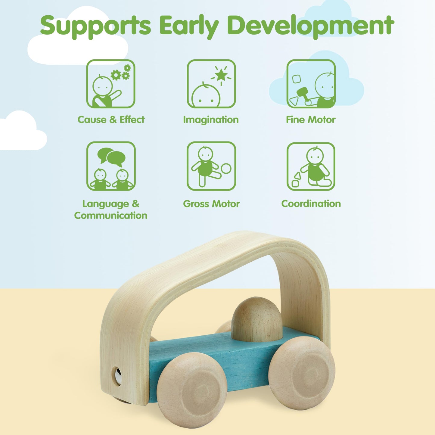PlanToys Vroom Car Wooden Push Toy for Toddlers | Eco-Friendly Toddler Push Car for Indoor Play | Montessori Fine Motor Learning