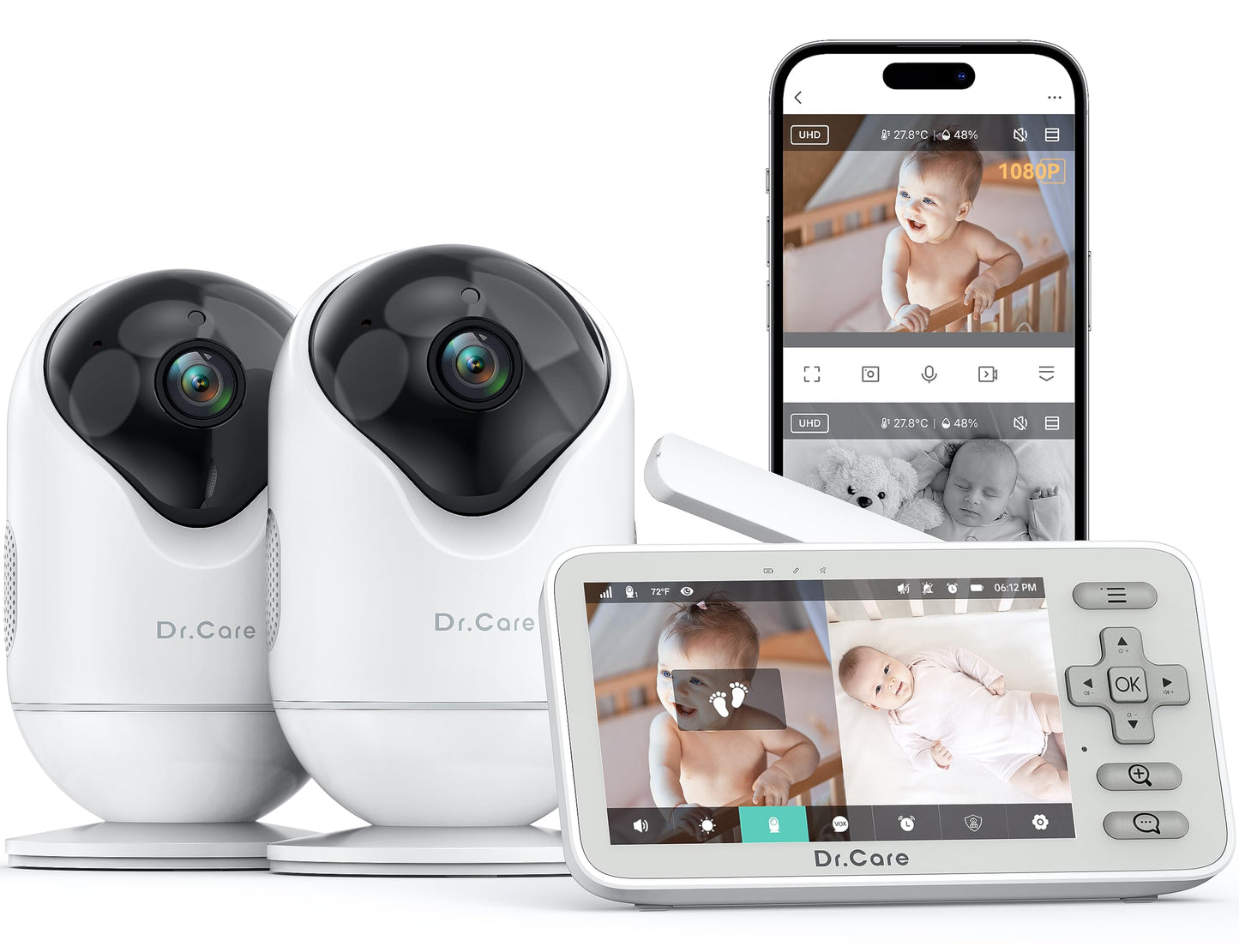 Dr.Care Vistaview Lite Smart Wifi Baby Monitor With 2 Cameras- 4720P Split Screen & 1080P Camera App Control, Motion Alerts, Nig