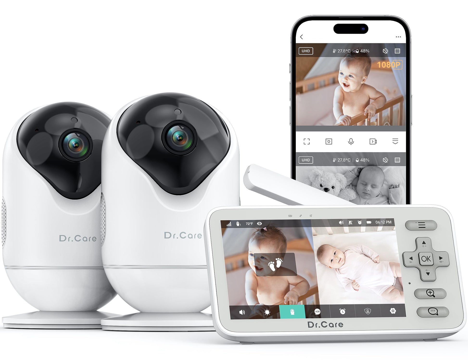 Dr.Care Vistaview Lite Smart Wifi Baby Monitor With 2 Cameras- 4720P Split Screen & 1080P Camera App Control, Motion Alerts, Nig