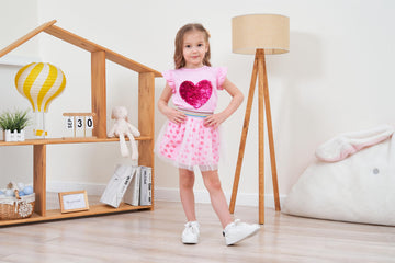 Retsugo Toddler Girls Heart Skirt Set Valentines Day Outfit Kids Flutter Shirt Tulle Skirts Tutu Heart Print Dress 18-24 Months