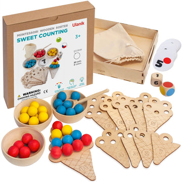 Ulanik Sweet Counting Toddler Montessori Toys for 3 Year Old + Kids Wooden Matching Game for Learning Color Sorting and Counting