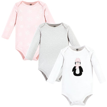 Hudson Baby Unisex Baby Cotton Long-Sleeve Bodysuits, Pink Penguin 3-Pack, 12-18 Months