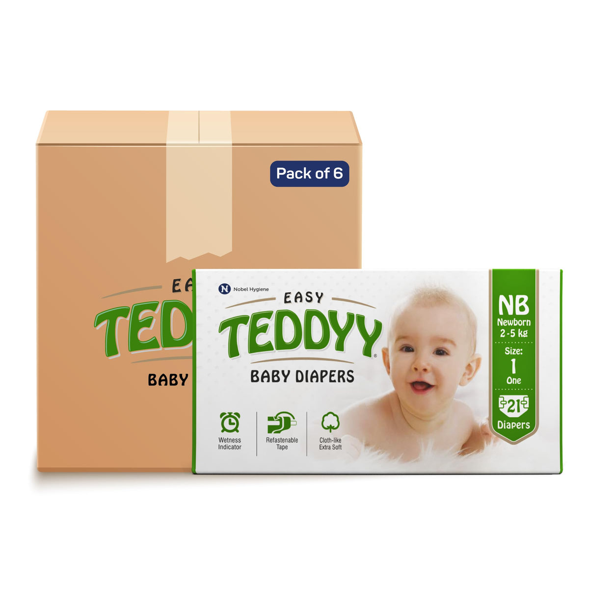 Teddyy Baby Diapers Easy New Born 126 Count, 25 Kgs, Long Lasting Absorption, Anti  Rash (21 Count, Pack Of 6)