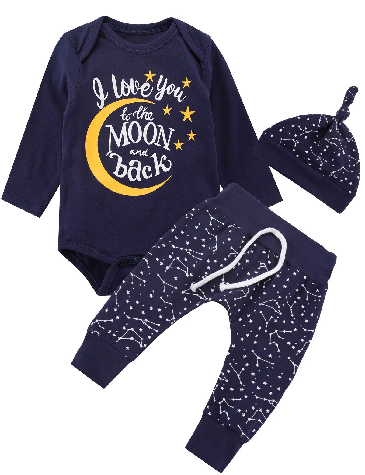 Baby Boys 3Pcs Space Outfit Newborn Love You To The Moon And Back Starry Sky Long Sleeve Pant Set (Blue04, 3-6 Months)
