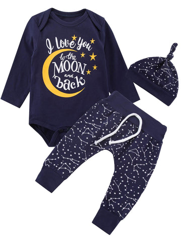Baby Boys 3Pcs Space Outfit Newborn Love You To The Moon And Back Starry Sky Long Sleeve Pant Set (Blue04 0-3 Months)