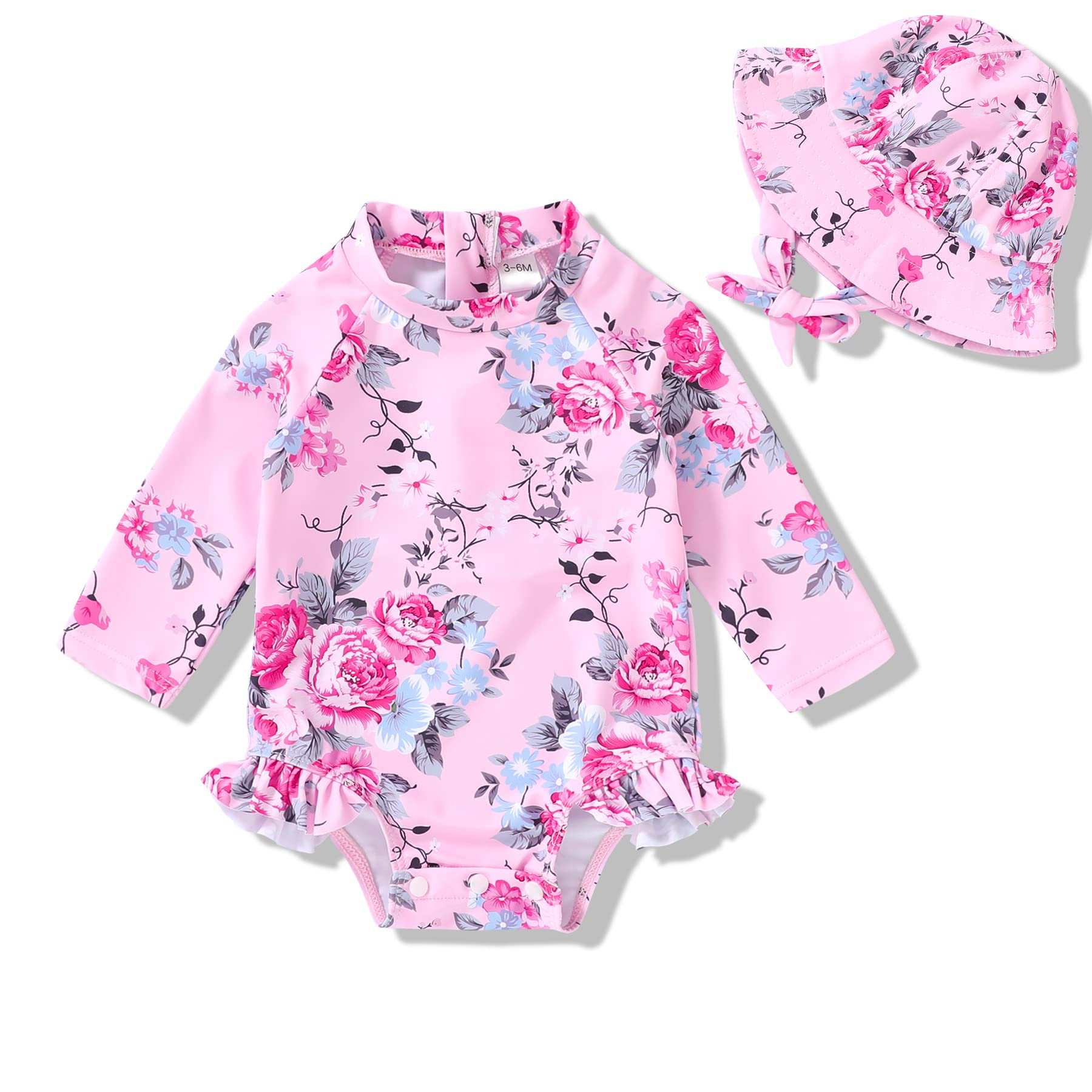 Infant Baby Girl Swimsuit One-Piece Long Sleeve Rash Guard With Hat Set Floral Zipper Bathing Suit Leopard Beach Wear(6-12 Month