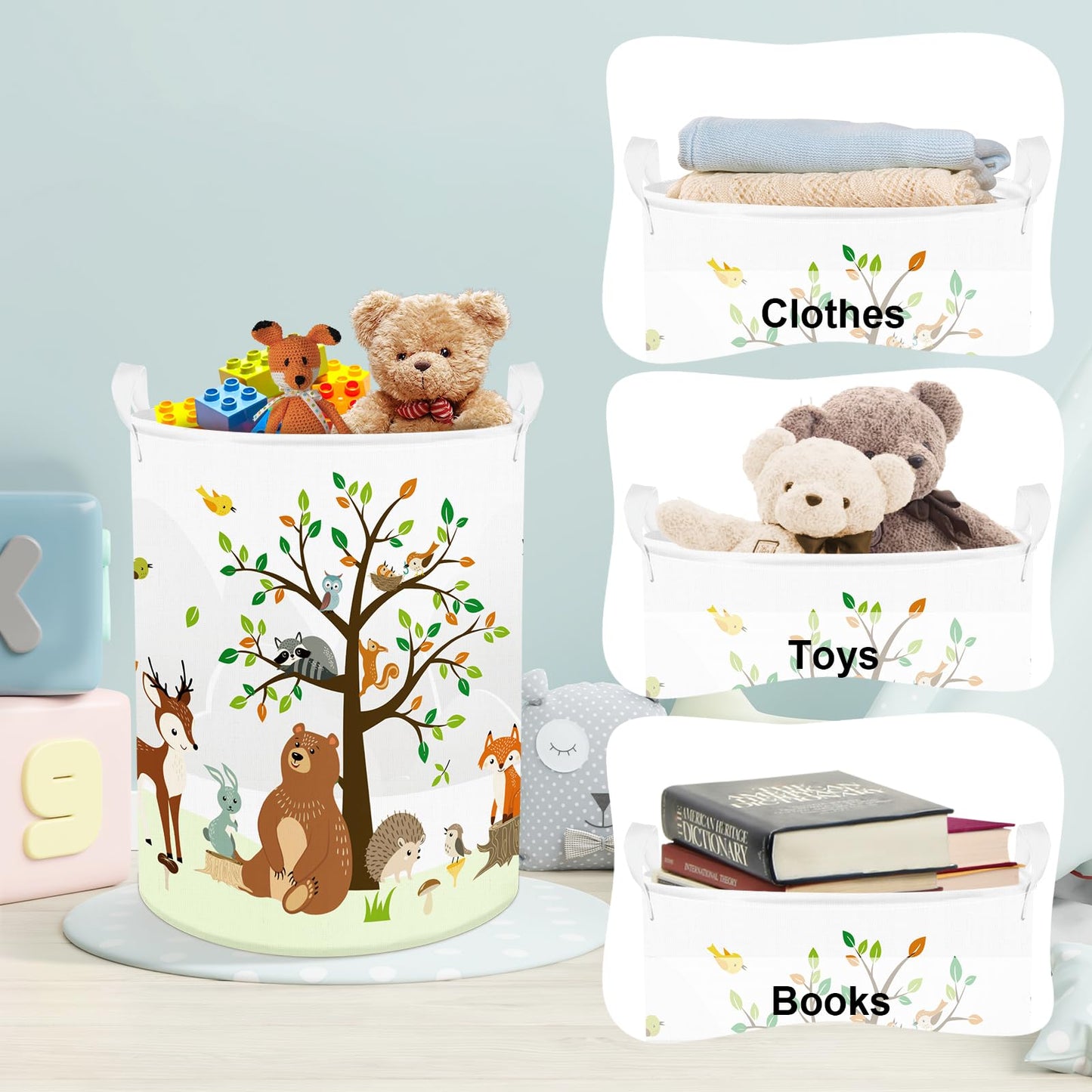 Clastyle 63L Large Woodland Animal Tree Kid Laundry Hamper With Handle For Boy Girl Collapsible Clothes Toy Storage Basket With