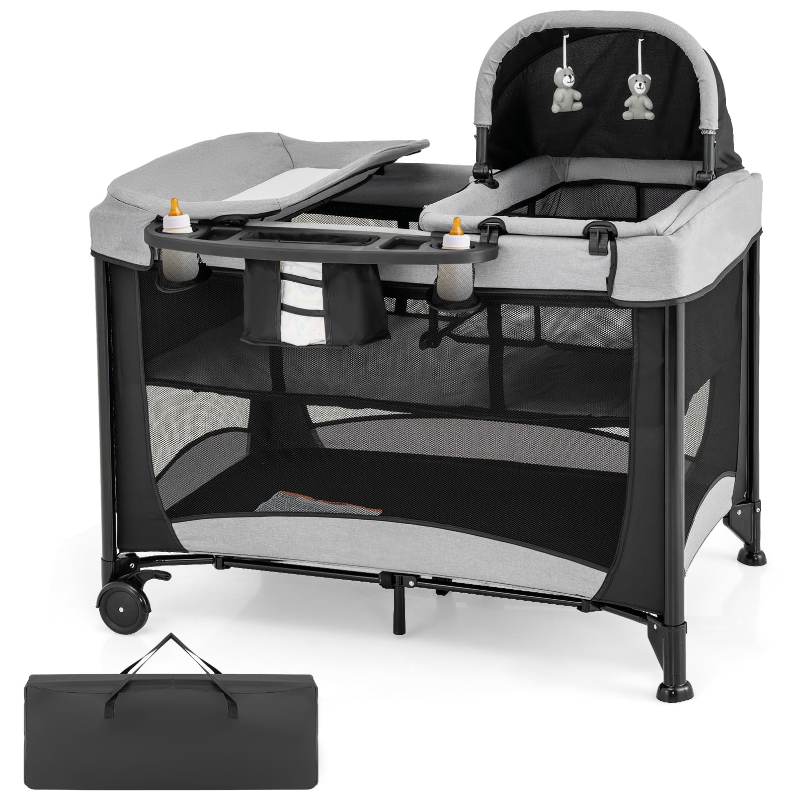 Honey Joy Pack And Play, 5 In 1 Portable Infant Playpen With Bassinet & Changing Table, Storage Bag, Music Box, Toys, Carry Bag,