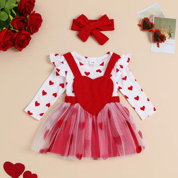 Christmas Baby Girl Outfit Newborn Cute Elk Fly Sleeve Romper Overall Dress Infant Girls Fall Winter Skirt Set (Tulle Valentines