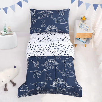 Jundetye 4 Pieces Dinosaur Toddler Bedding Set For Boys, Soft Breathable Toddler Comforter Set, Dino Print Navy, Includes Revers