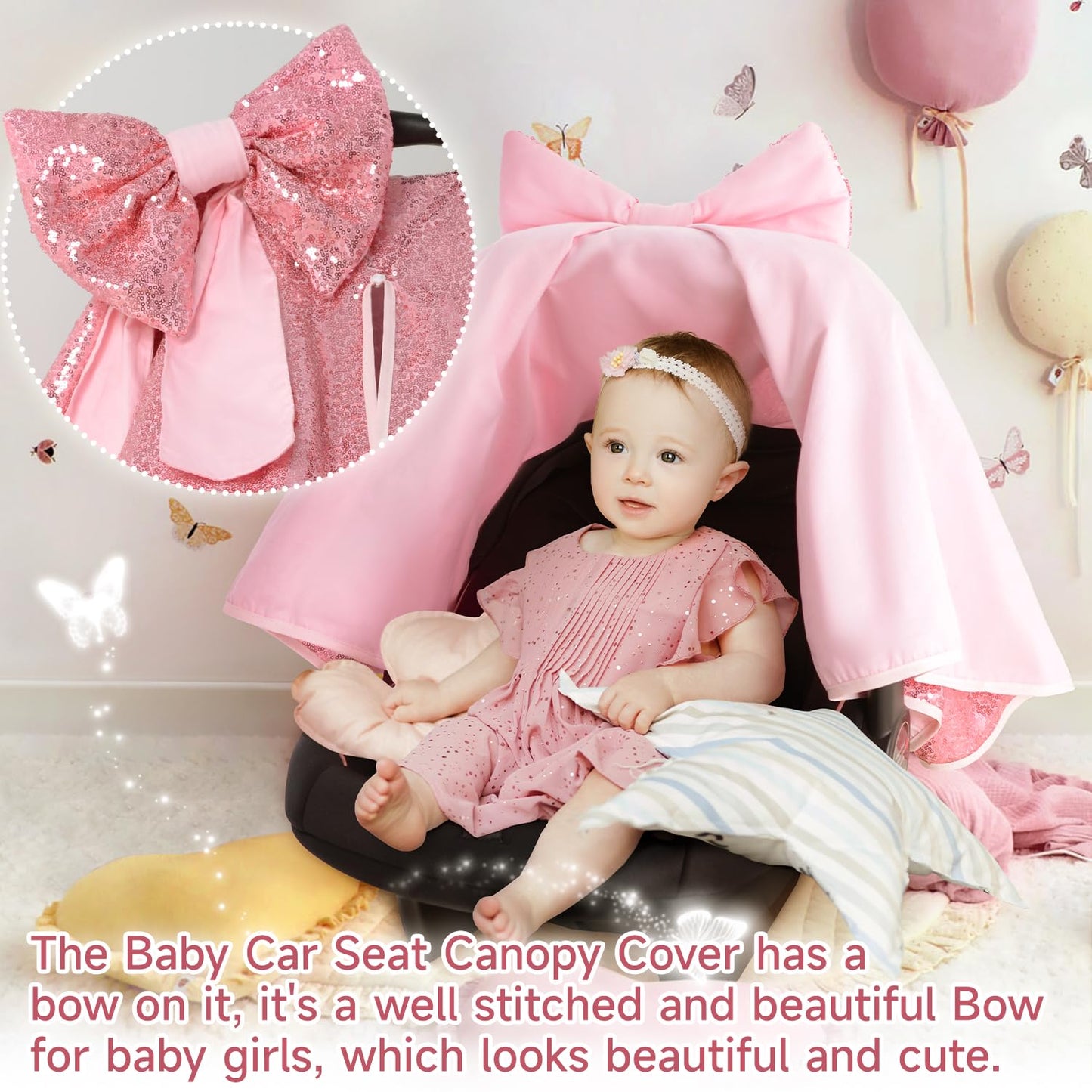 Baby Carseat Canopy Cover with Bow for Girls Boys with Bow Stroller and Cart Cover Carseat Nursing Cover Newborn Gift (Pink)