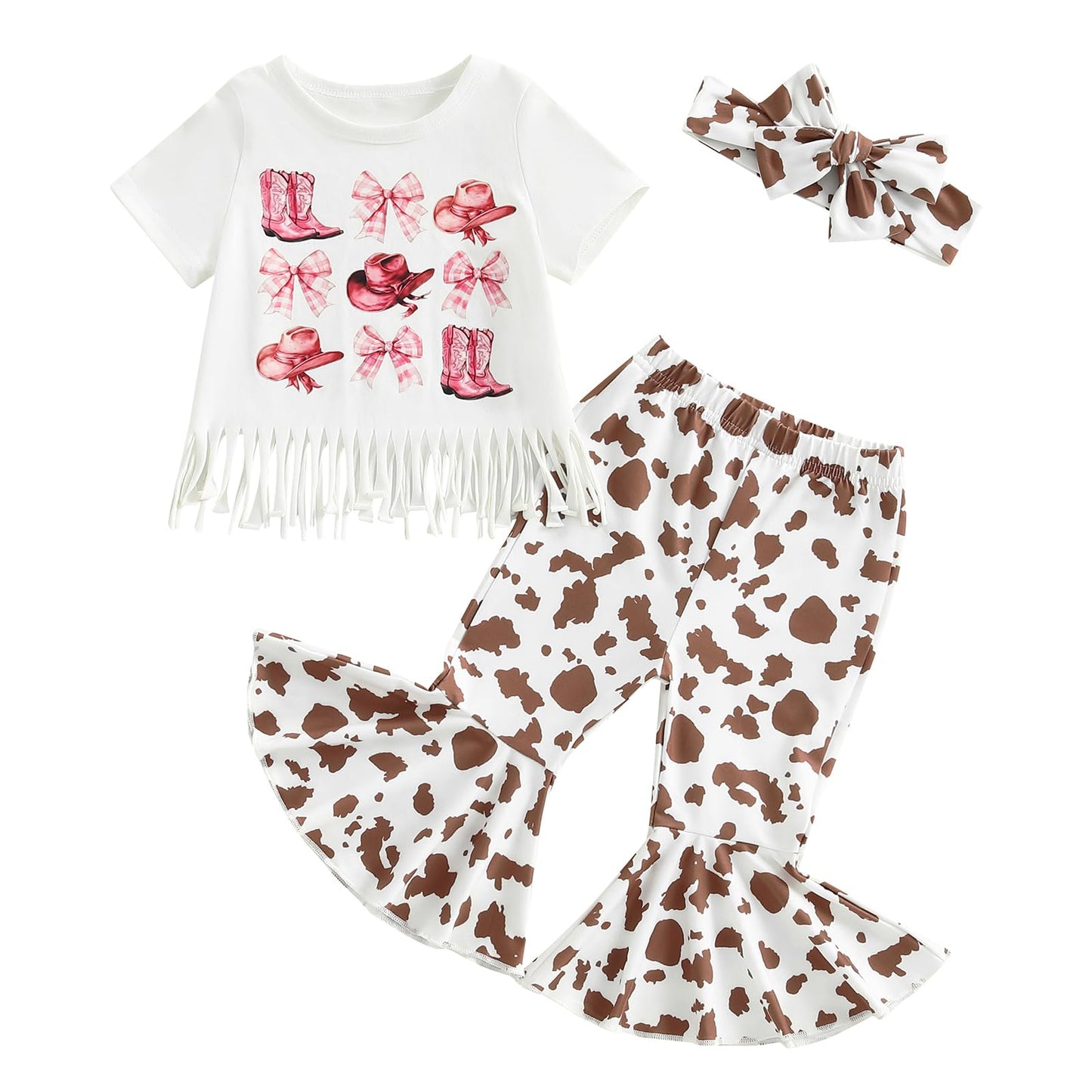 Kayotuas Toddler Baby Girl Bell Bottom Outfits Cowgirl Boots Bow Short Sleeve T-Shirt and Flare Pants Infant Western Clothes (Wh