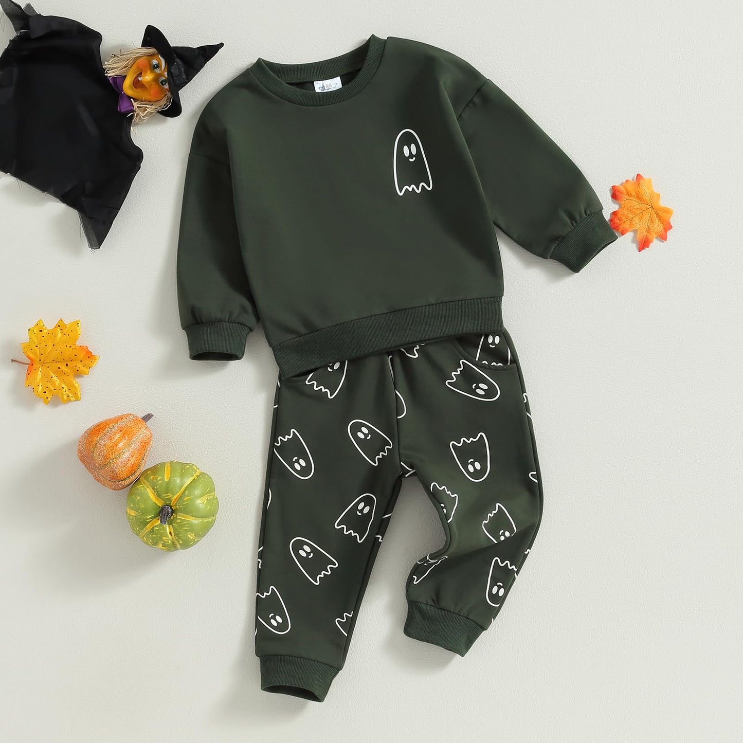 Toddler Baby Girl Boy Halloween Clothes Pumpkin Shirt Ghost Sweatshirt Pants Fall Outfit Baby Halloween Costumes (Dark Green Gho