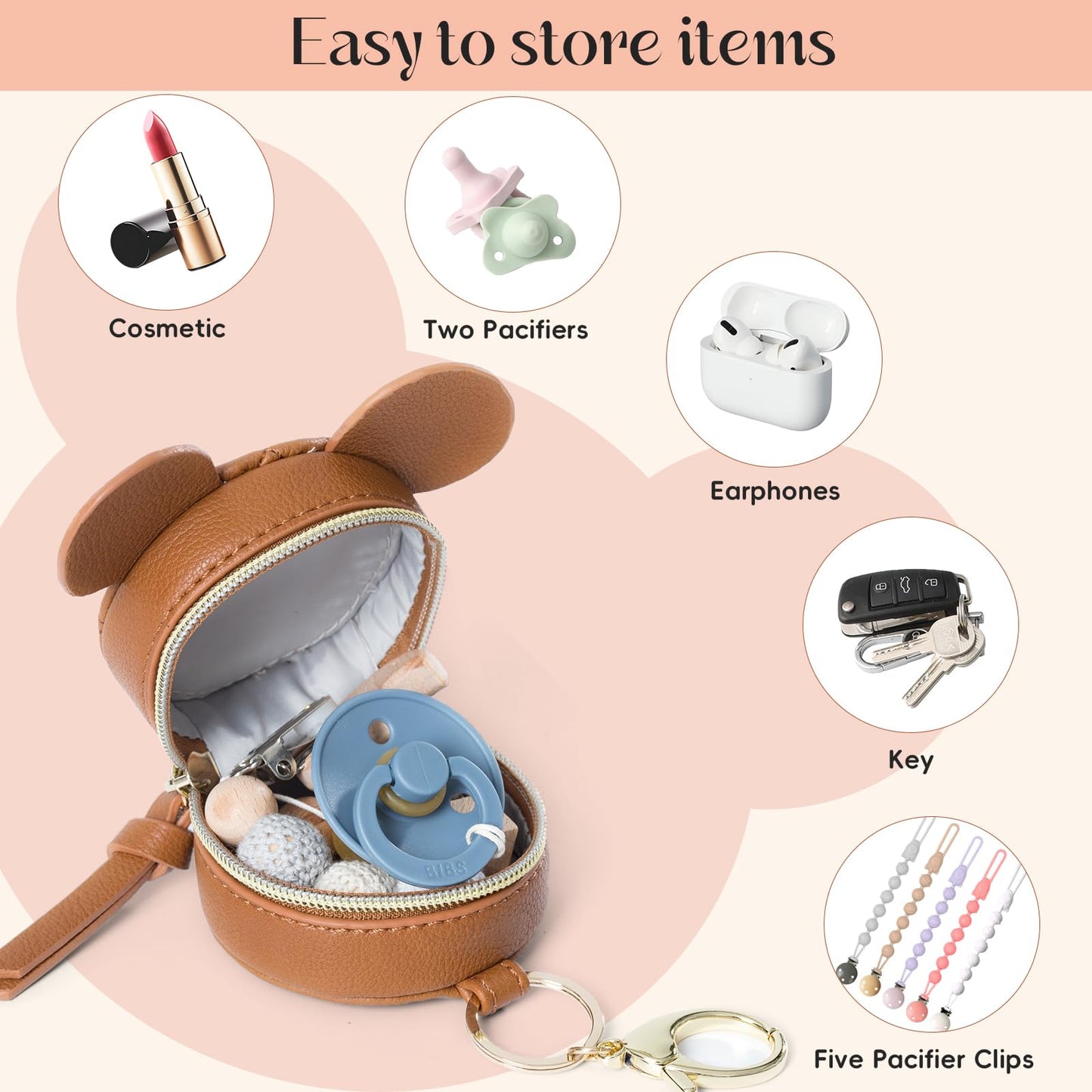 Miss Fong Pacifier Case With Clip & Cover, Holder Pod With Clasp, Holds 2 Pacifiers Or Nipple Shield (Diamond Brown)