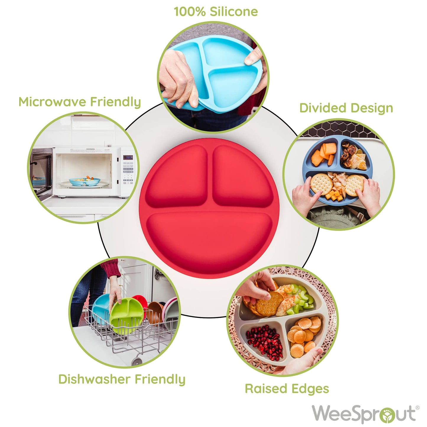 WeeSprout Silicone Plates for Babies & Toddlers (3 Pack) 100% Food-Grade Dishes for Self Feeding, Divided Design & Raised Edges