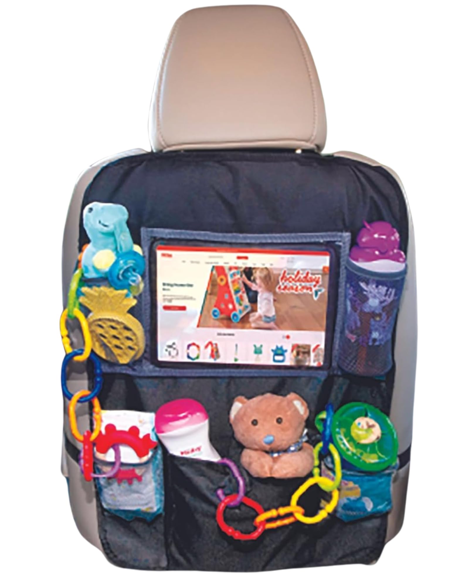 Nuby Backseat Car Organizer Set: Organizer with Tablet Holder, Storage Pockets and 5 Linkable Hooks for Attaching Accessories | 