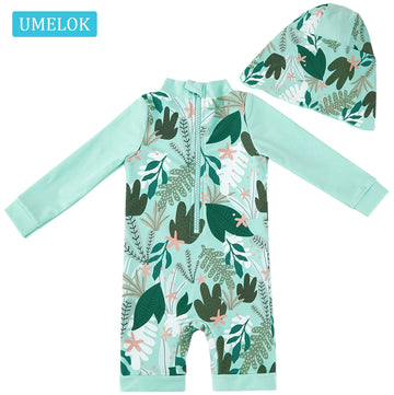 Umelok Baby Girl Swimsuit Infant Upf 50+ Bathing Suit (Green Tropical Plants, 0-3 Months)
