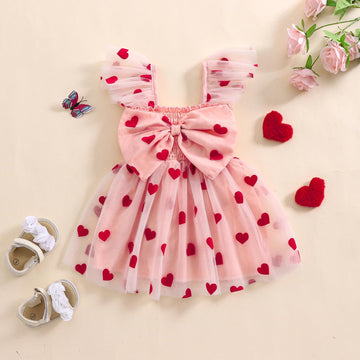 Toddler Baby Girl Valentines Day Outfit Heart Print Ruffle Sleeve Bowknot Tulle Dress Girls Birthday Party Dresses (Pink, 18-24