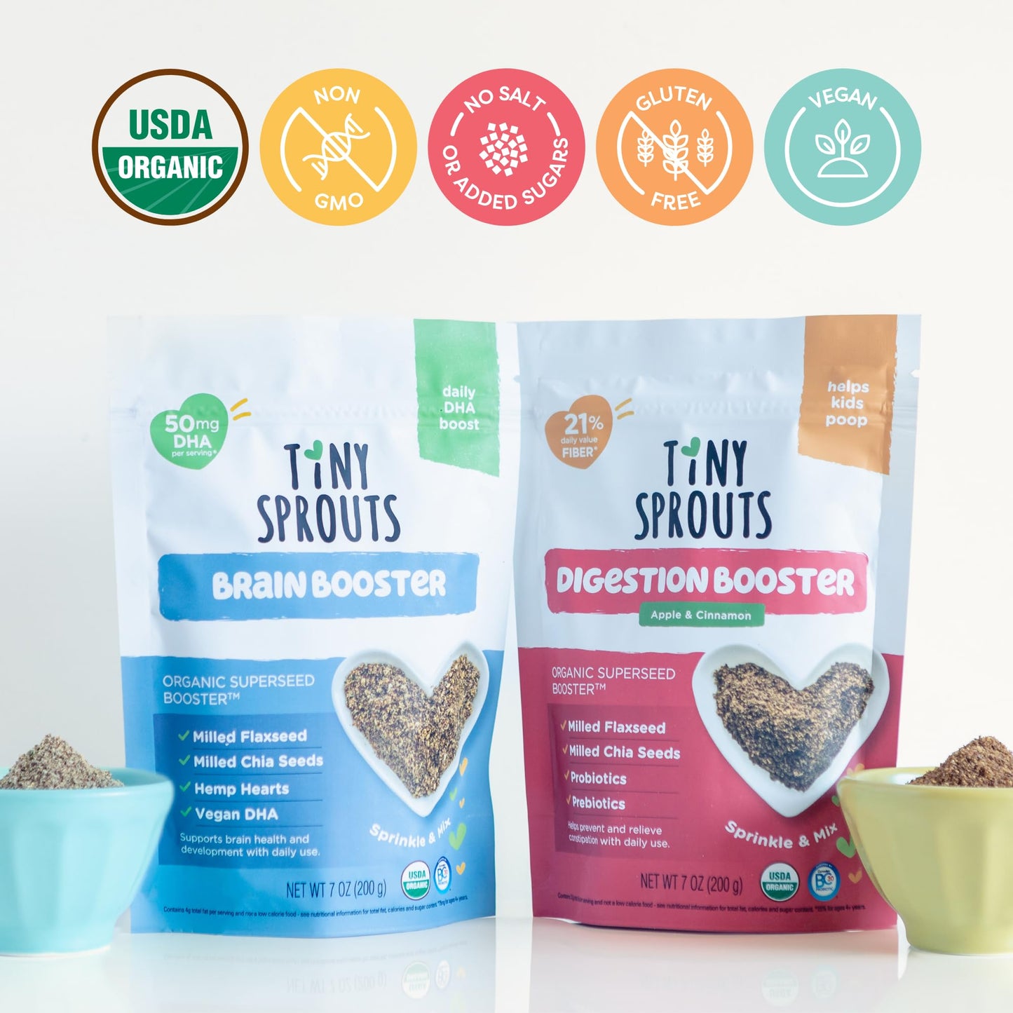Organic Digestion Booster (Apple & Cinnamon) & Brain Booster - Milled Chia Seed, Milled Flaxseed And Hemp Hearts With Vitamin D,