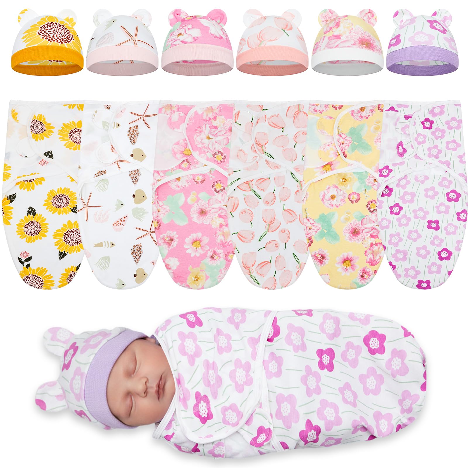 Ramede 6 Pack Preemie Swaddle Blanket with Hats Sleep Swaddle for Baby Boy Girl Preemie Newborn Sacks Soft Cotton Wearable (Flow