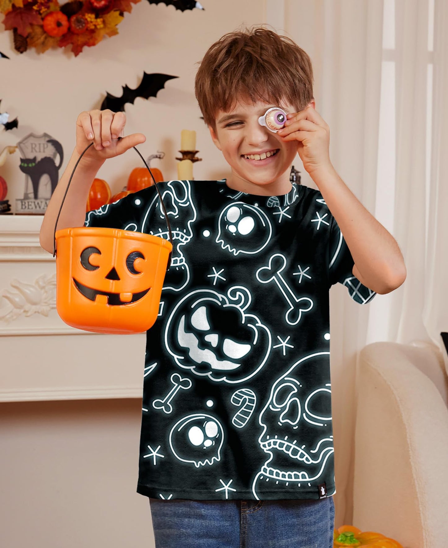 Halloween Unisex Kids Jack O' Lantern Skull Pumpkin Black Top Short Sleeve Party Shirt 10 Years