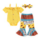 Lefyira Cow Print Bell Bottoms Outfits Toddler Girl Short Sleeve Romper Rib Knit Button Bodysuit Flare Pants Clothes Western(C#1