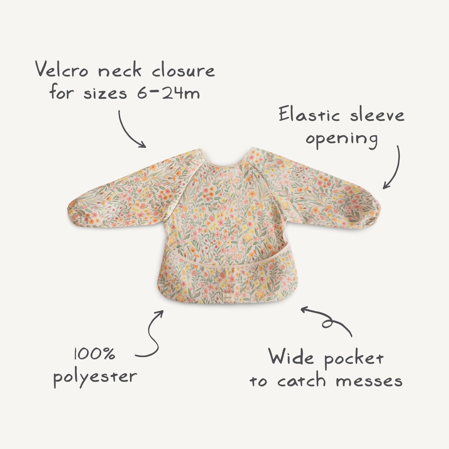 mushie Long Sleeve Baby Bib | Mess Free & Waterproof Fabric for Toddlers | Adjustable Fit for Ages 6-24 Months (Bees)