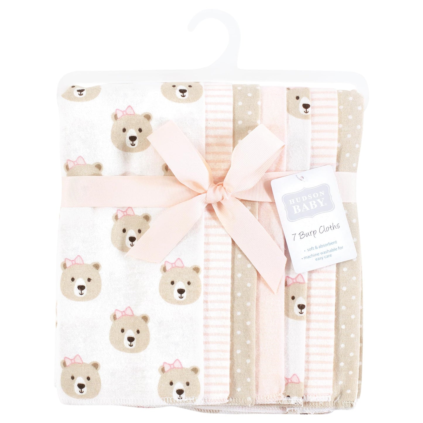 Hudson Baby Unisex Baby Flannel Burp Cloth 7Pk, Pink Taupe Bear, One Size