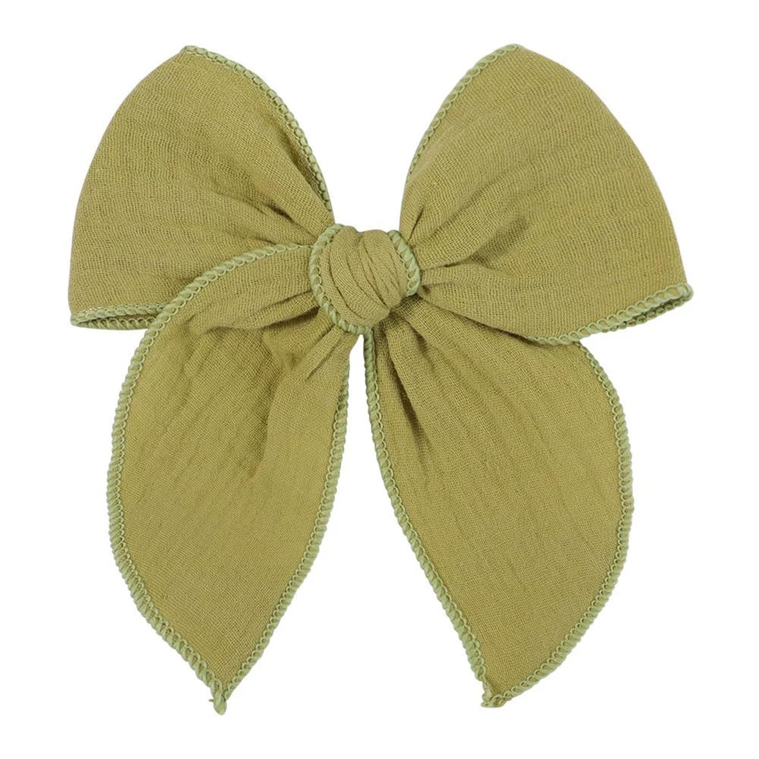 5.5 Inch Olive Green Fable Hair Bow: Handmade Linen Cotton Hair Clip For Girls - 1 Pcs