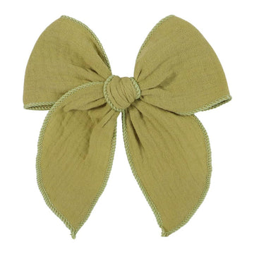 5.5 Inch Olive Green Fable Hair Bow: Handmade Linen Cotton Hair Clip For Girls - 1 Pcs