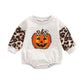 Cute Baby Boy Girl Halloween Outfit Leopard Pumpkin Onesie Oversized Romper Long Sleeve Fall Halloween Baby Clothes (Gray-Leopar