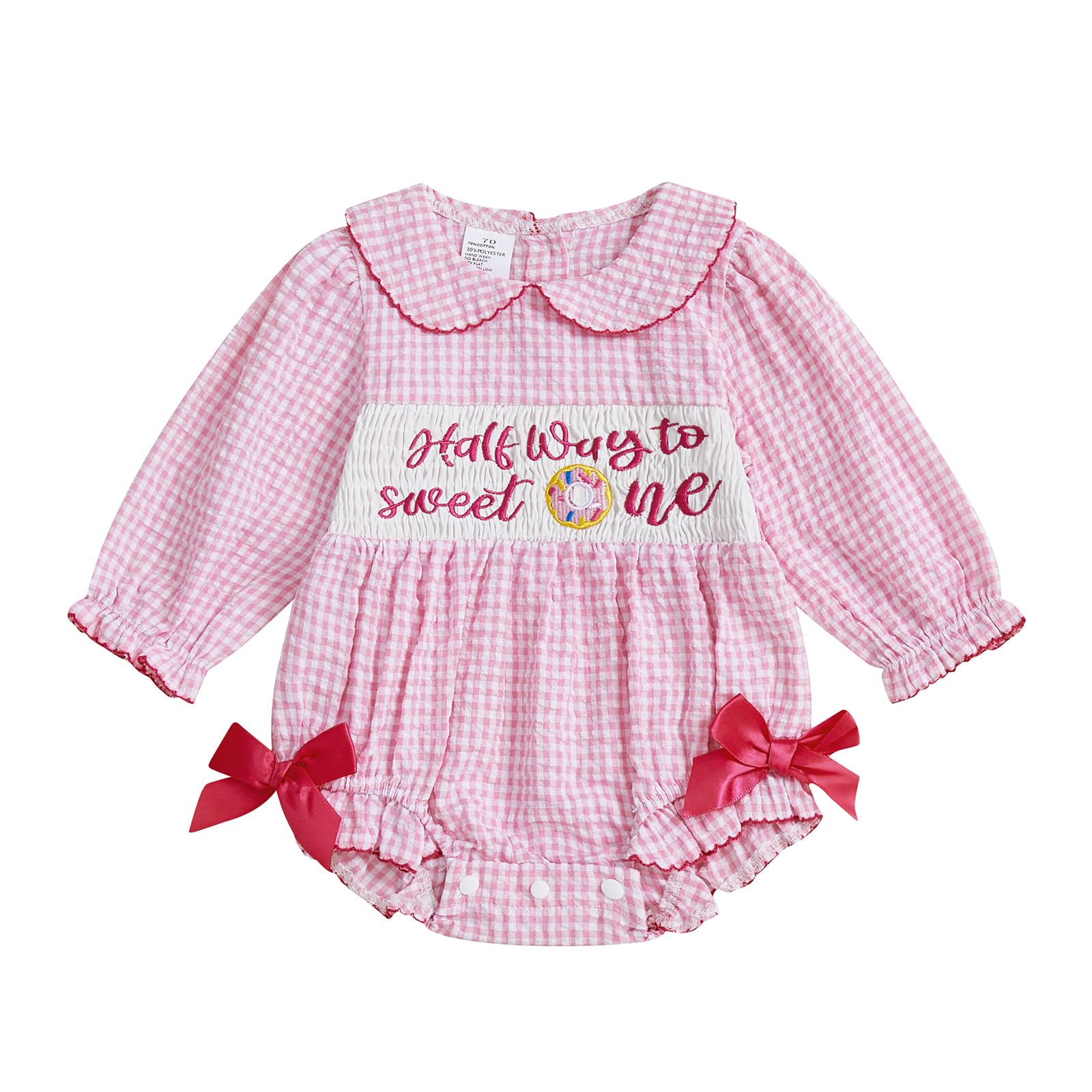 Half Birthday Outfit Baby Girl Half Way to Sweet ONE Donuts Long Sleeve Romper Smocked Bubble Clothes Cake Smash (Pink, 3-6 Mont