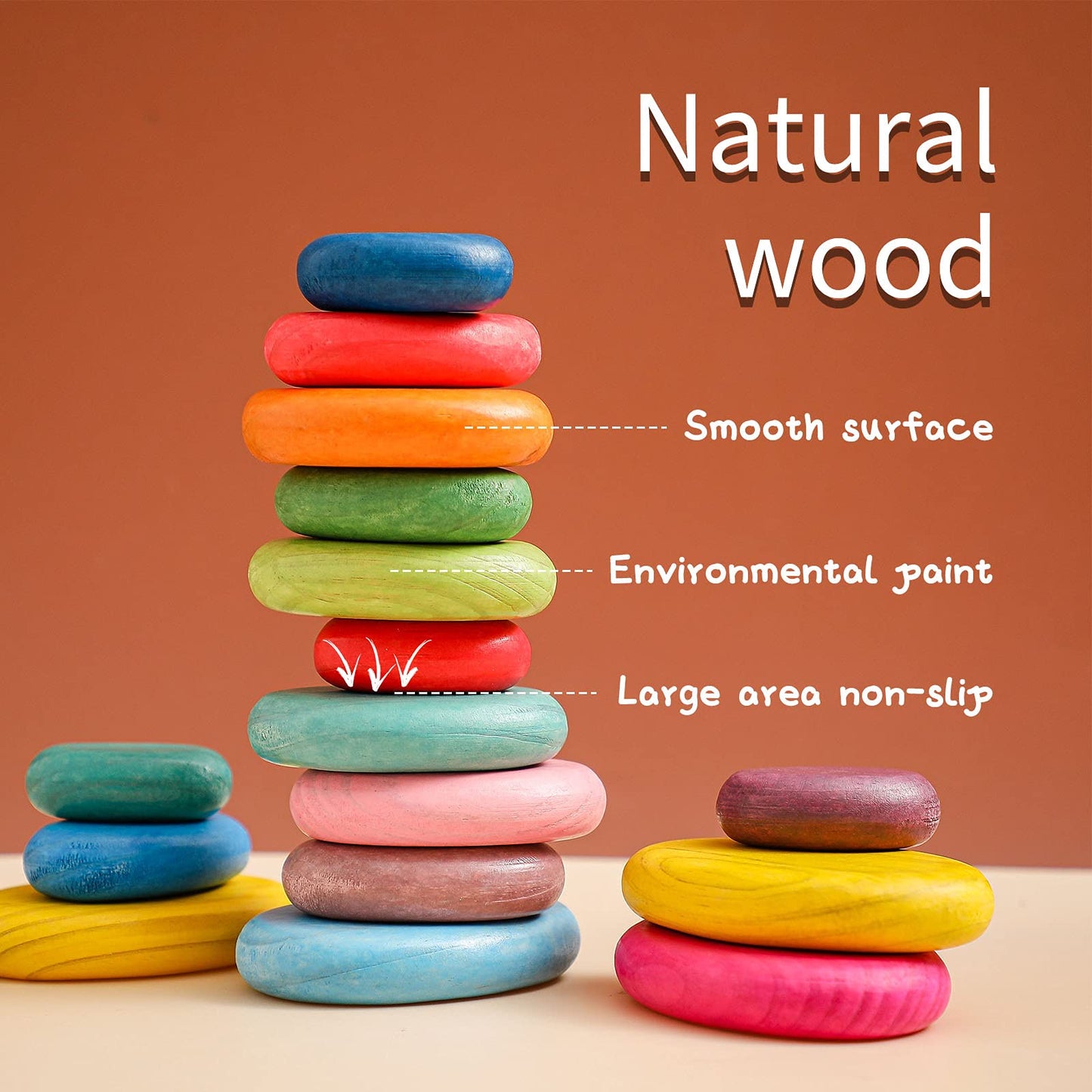 OESSUF 16pcs Extra-Large Wooden Stacking Rocks - Safe Montessori Toys for 1-3 Year Old, Waldorf Wooden Blocks for Toddlers 1-3,