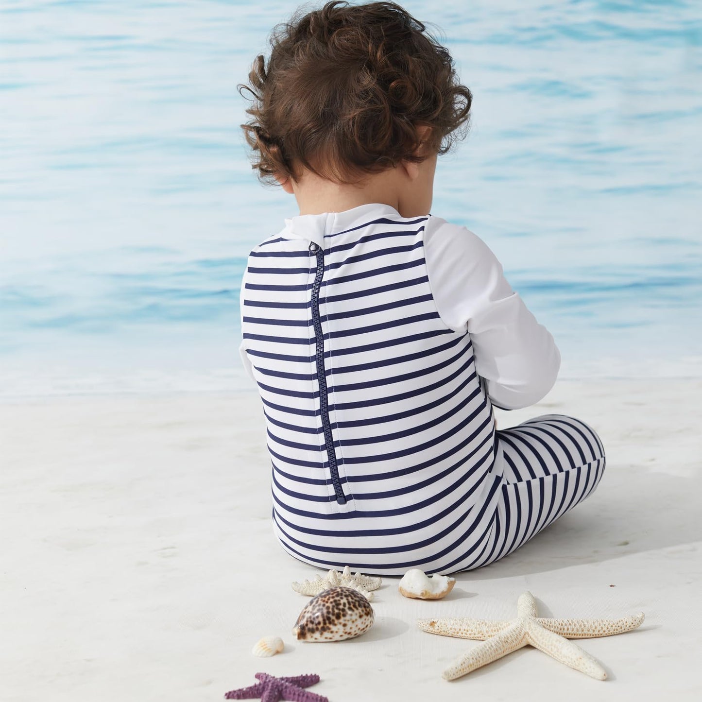 Baby Swimsuit Boy One Piece Rashguard With Hat Upf 50+ Sun Protection ,Blue Stripes,9-12 Months