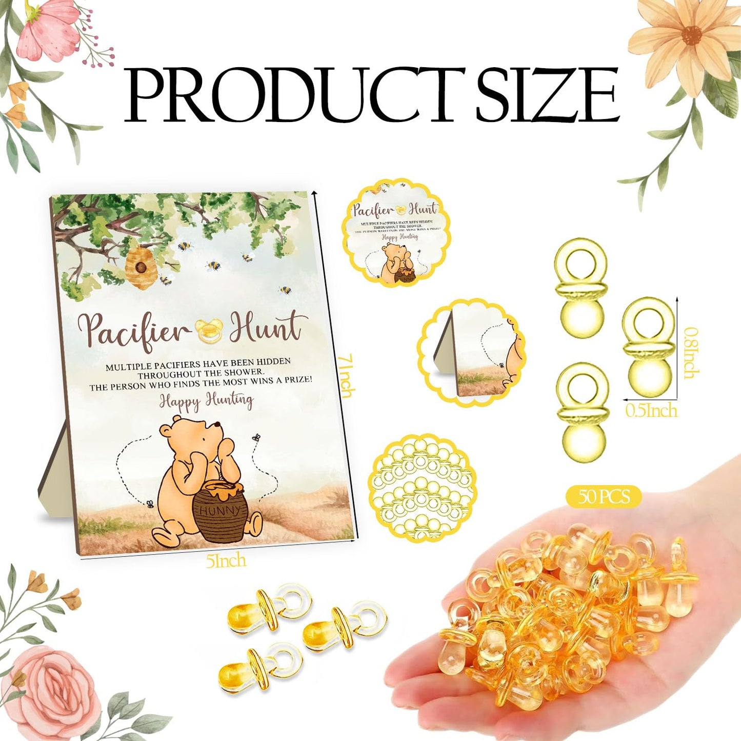 Winnie Pacifier Hunt Sign For Baby Shower Game, 50Pcs Yellow Mini Pacifiers Decor For Baby Shower, The Pooh Baby Shower Party Ga