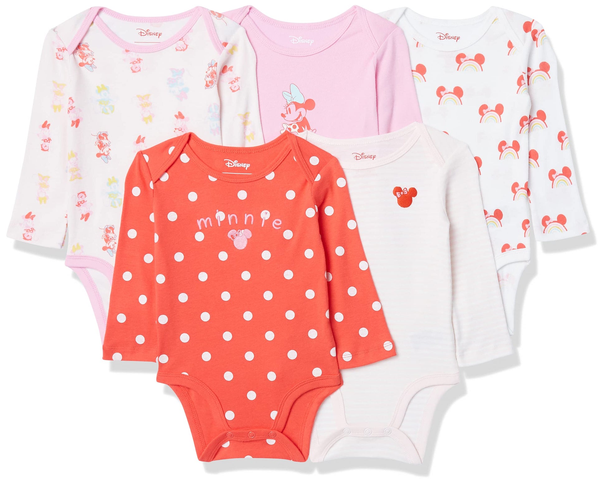 Amazon Essentials Disney | Marvel | Star Wars | Princess Baby Girls' Long-Sleeve Bodysuits, Pack Of 5, Minnie Rainbow Chaser, Pr