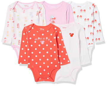 Amazon Essentials Disney | Marvel | Star Wars | Princess Baby Girls' Long-Sleeve Bodysuits, Pack Of 5, Minnie Rainbow Chaser, Pr
