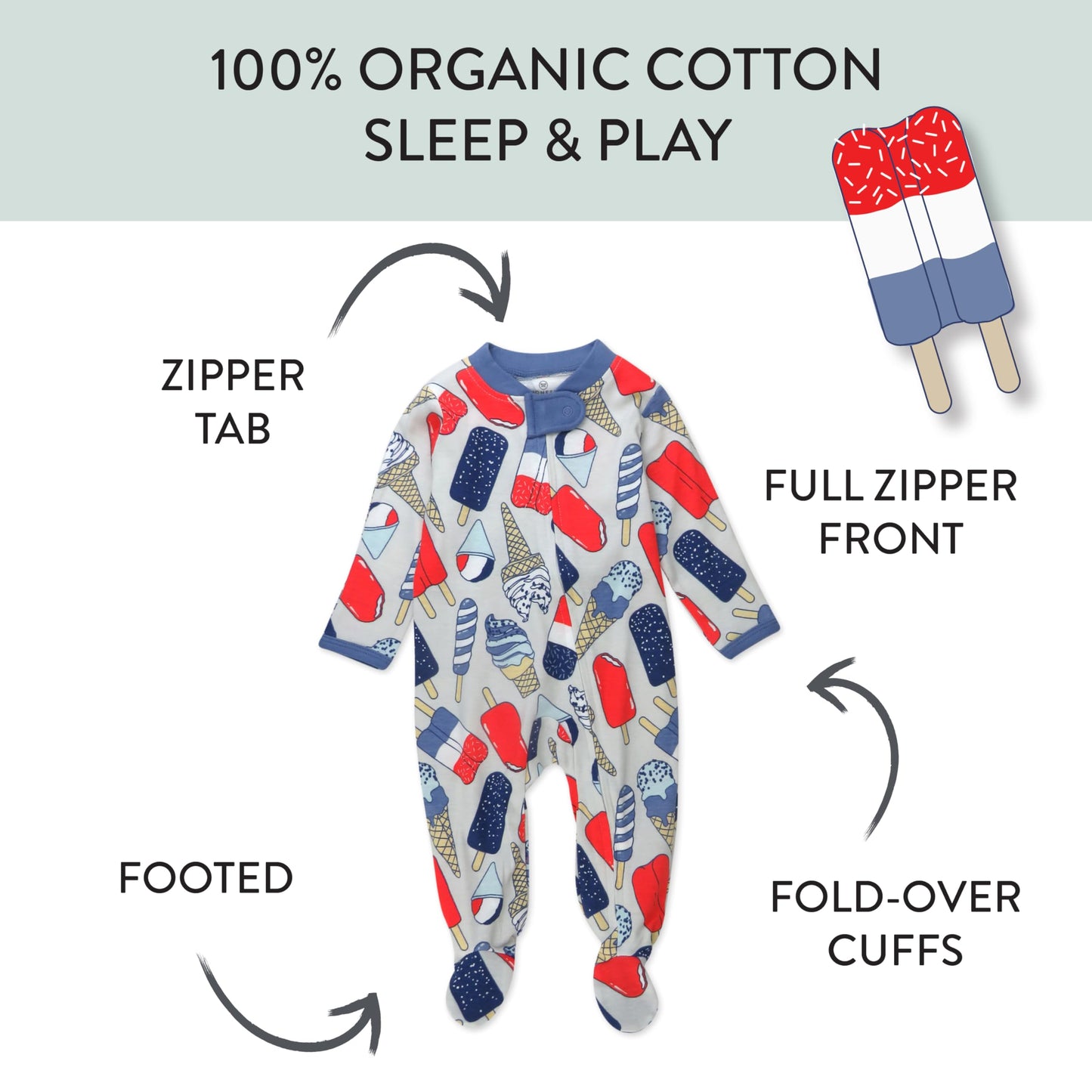 Honestbaby Baby Celebration Sleep & Play Footed One-Piece Pajama Sleeper 100% Organic Cotton, Ice Cream Independence, 3-6 Months