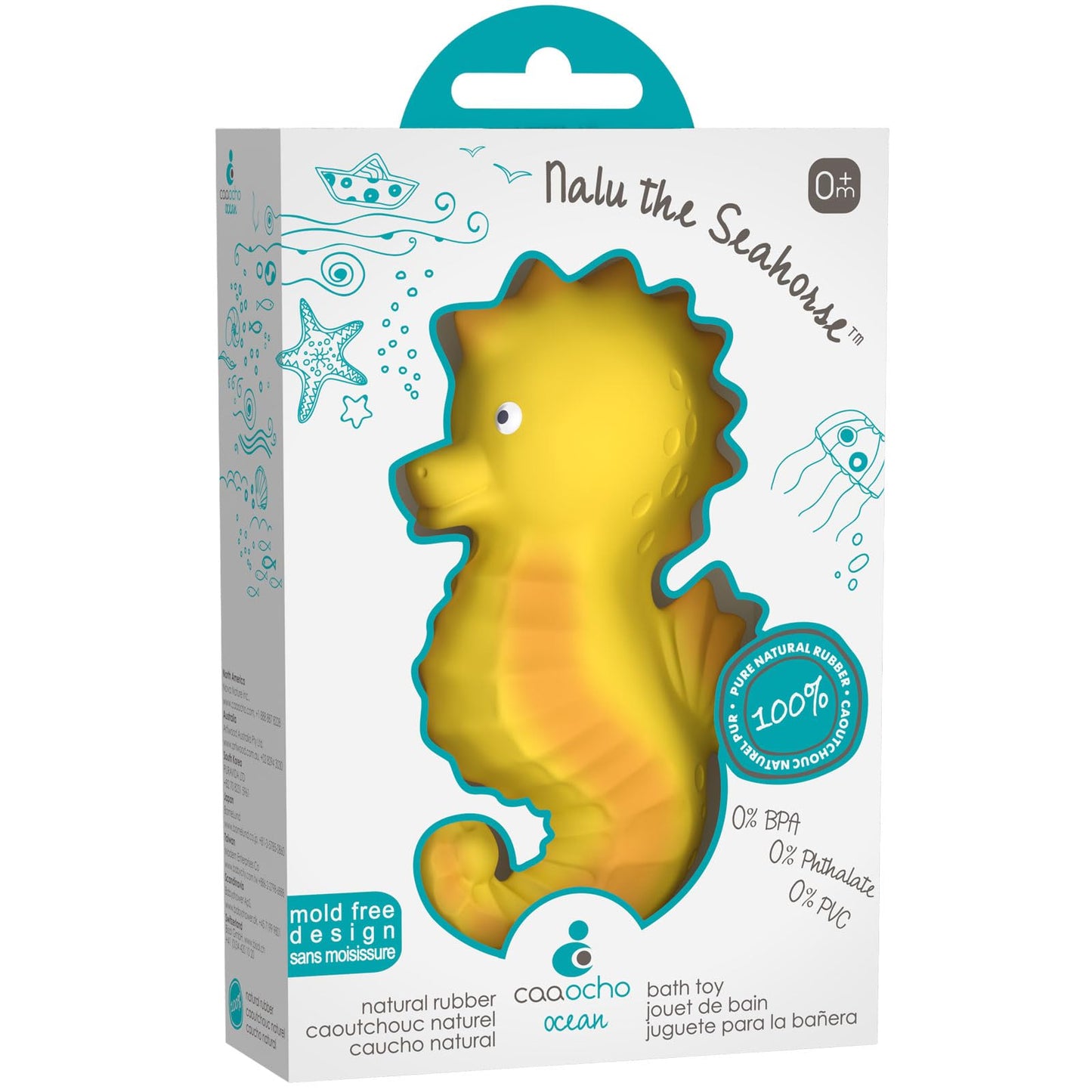 CaaOcho Pure Natural Rubber Bath Toy - Nalu The Seahorse Baby Toy - Hole Free Bath Toys, BPA Free Bath Toys for Infants, Without