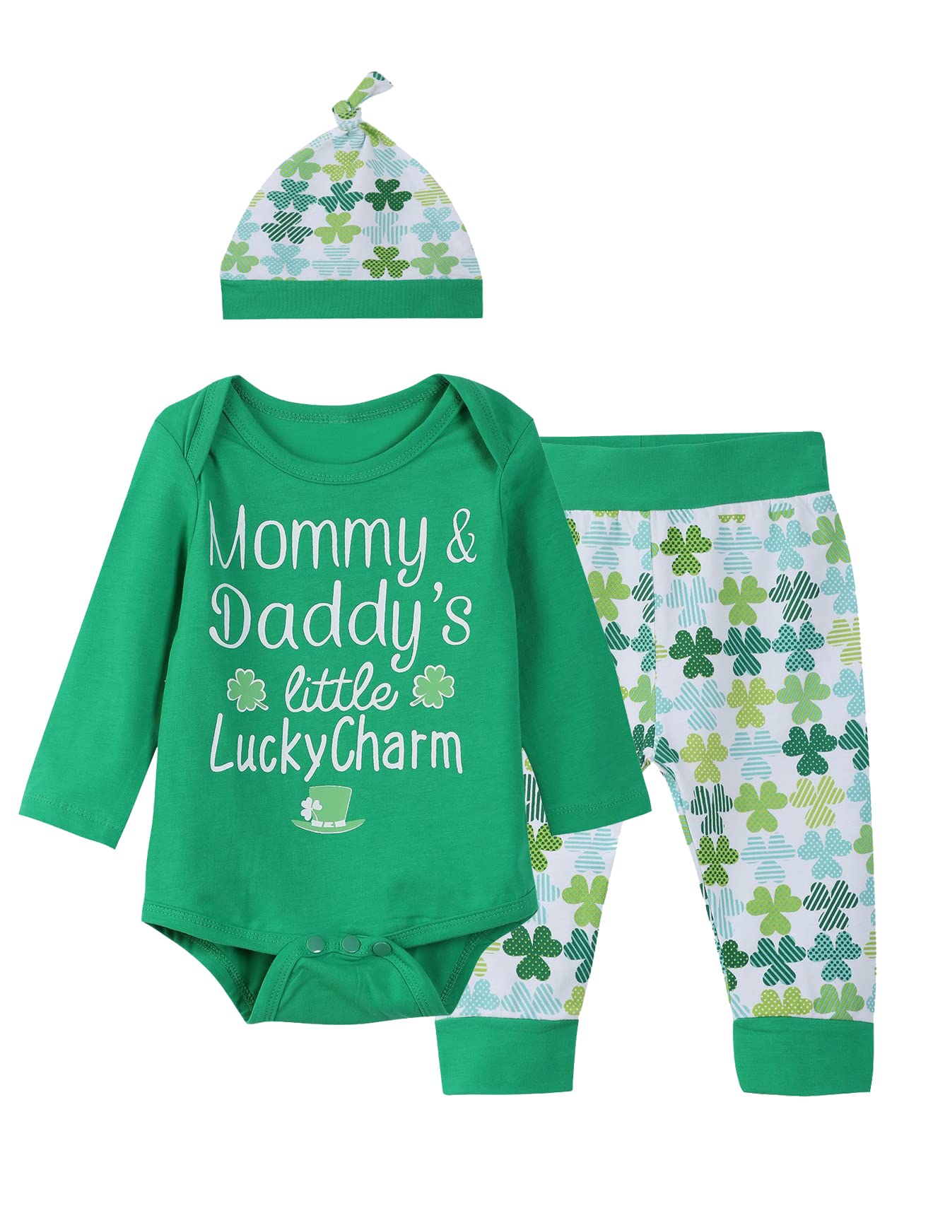 Bakjuno Baby Boys Girls Cute St Patrick'S Day Outfit Clover Pants With Hat (12-18 Months) Green