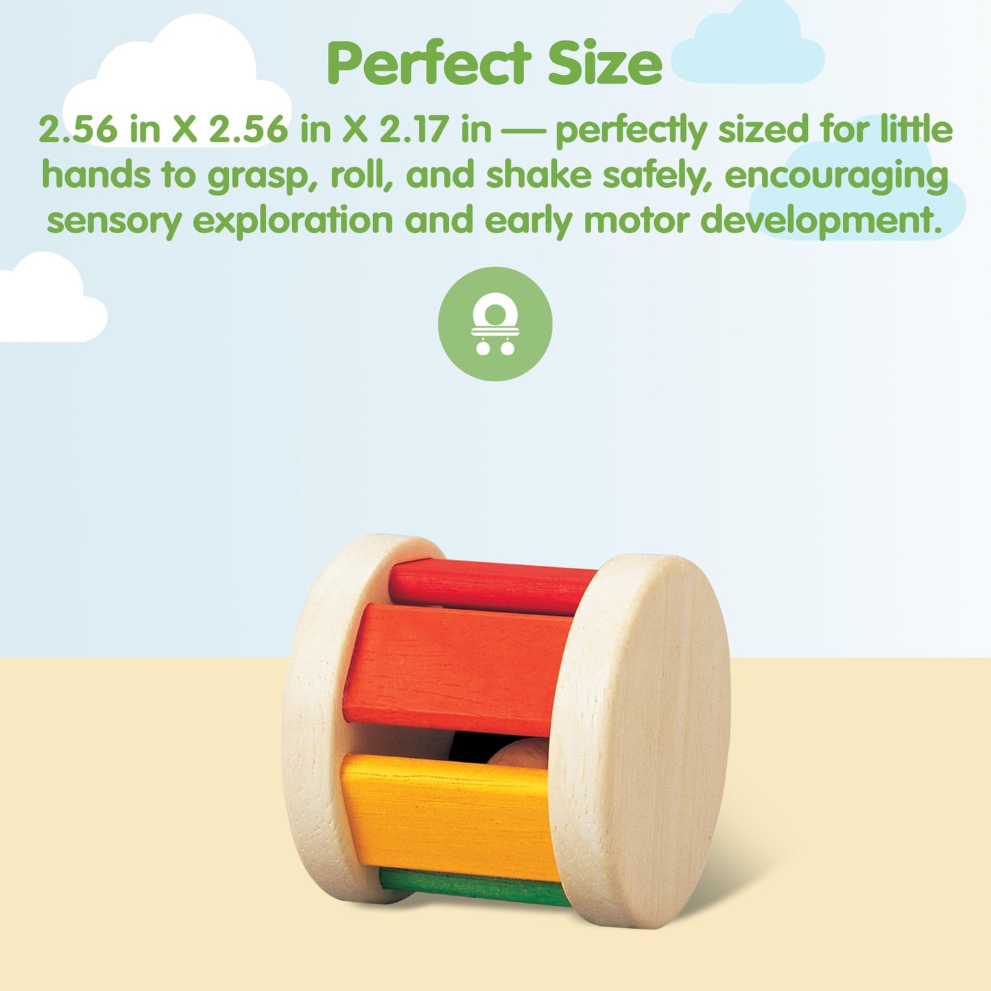 PlanToys Wooden Roller Rattle Toy for Babies | Montessori Baby Sensory Toy with Gentle Sound | Eco-Friendly Crawling & Motor Ski