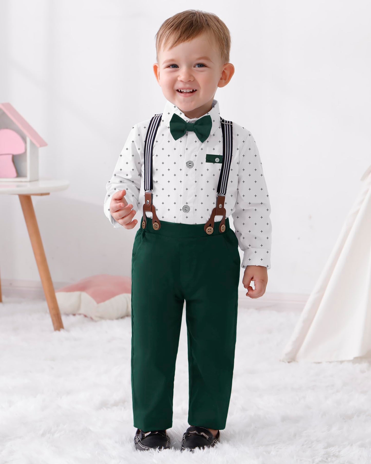 Disaur Toddler Boy Suits Gentleman Wedding Outfits,Formal Dress Shirt+Bowtie +Suspender Pants 12Months-5T(Green D,2-3T)