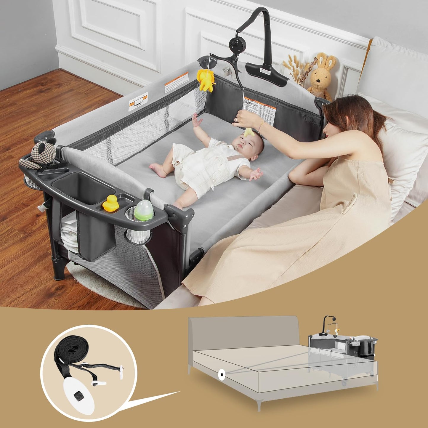 Mereryi Baby Bassinet Bedside Sleeper,5 In-1 Pack And Play Portable Crib For Baby,Multifunction Bedside Crib From Newborn To Tod