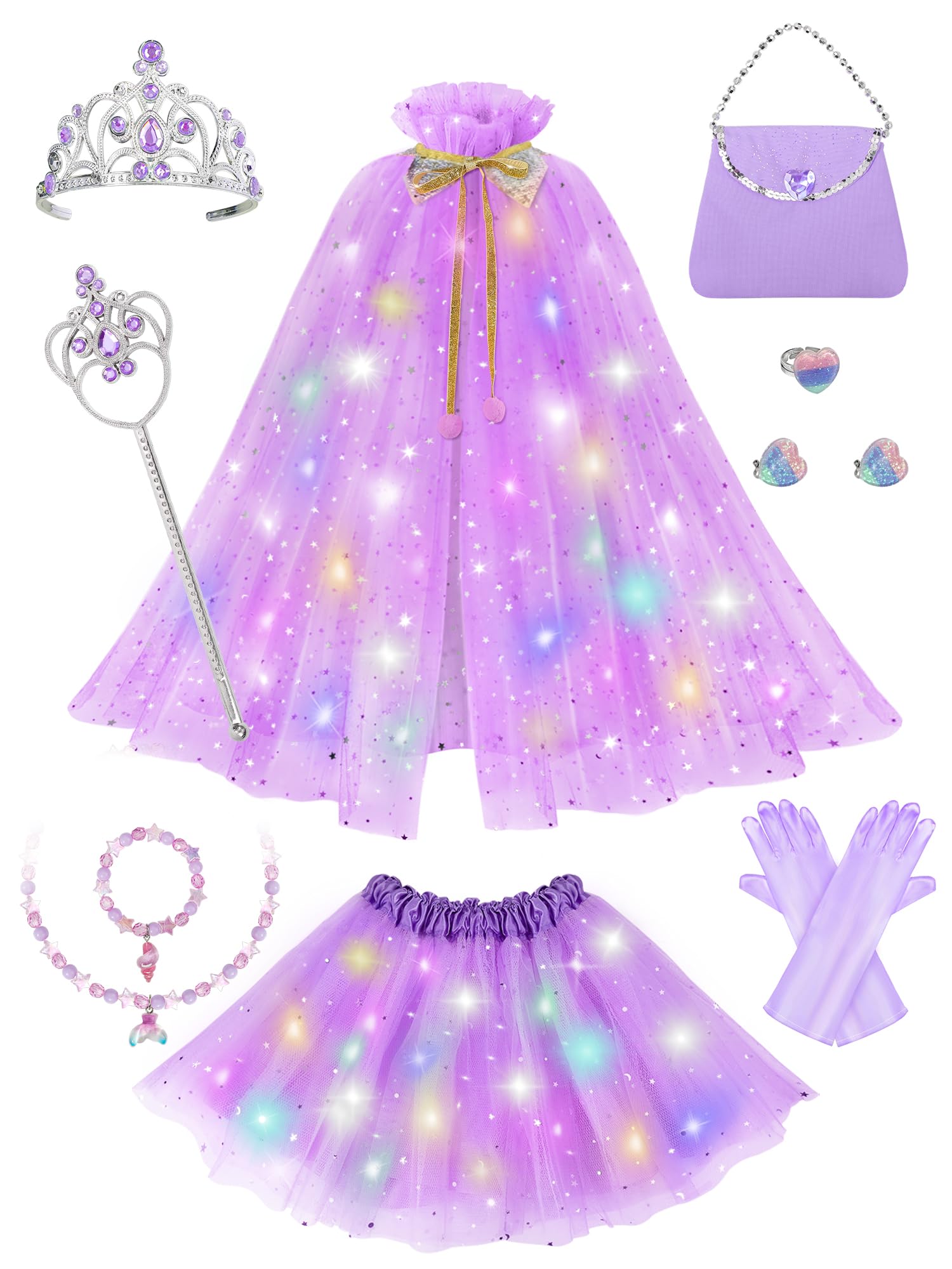 Phobby Princess Dress Up For Girls Aged 3 4 5 6, Light-Up Princess Cape & Skirt With Purse & Gloves, Girl Costume For Party Chri