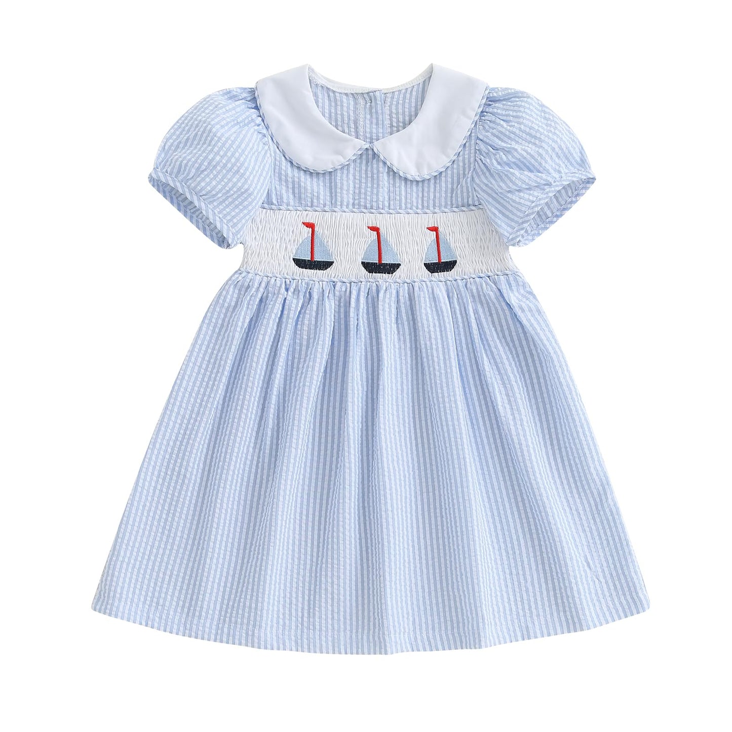 Toddler Baby Girl Sailboat Outfit Smocked Dresses Doll Collar Dress Cute Little Girls Summer Clothes (sail Boat Blue, 3-4 Years)