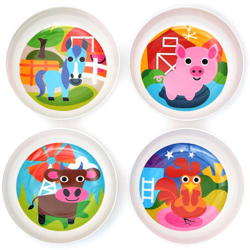 French Bull 4Pc Toddler Kids Feeding Melamine Tableware Flatware Bpa Free Dishwasher Safe, Durable Plate, Cup, Bowl, Divided Tra