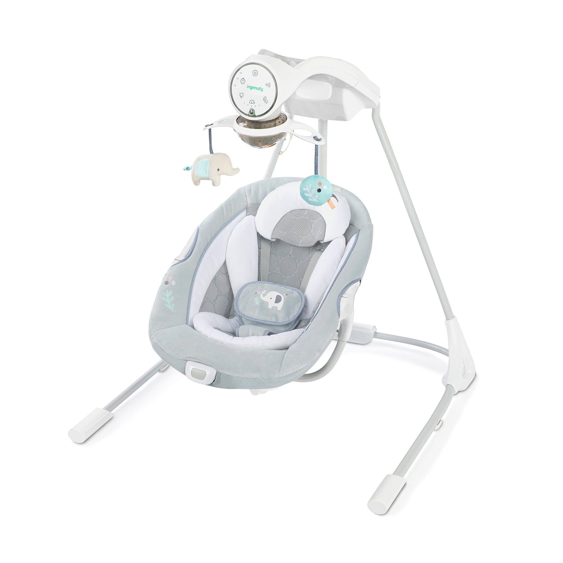 Ingenuity InLighten 6-Speed Baby Swing - Easy-Fold Frame, Swivel Infant Seat, Nature Sounds, Light Up Mobile - Flora the Unicorn