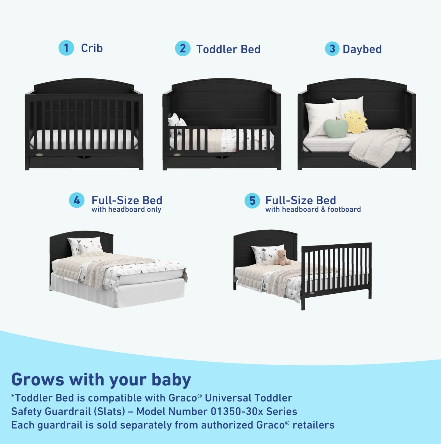 Graco Bellwood 5-In-1 Convertible Crib With Drawer (Black) - Greenguard Gold Certified, Full-Size Storage Drawer, Converts To To