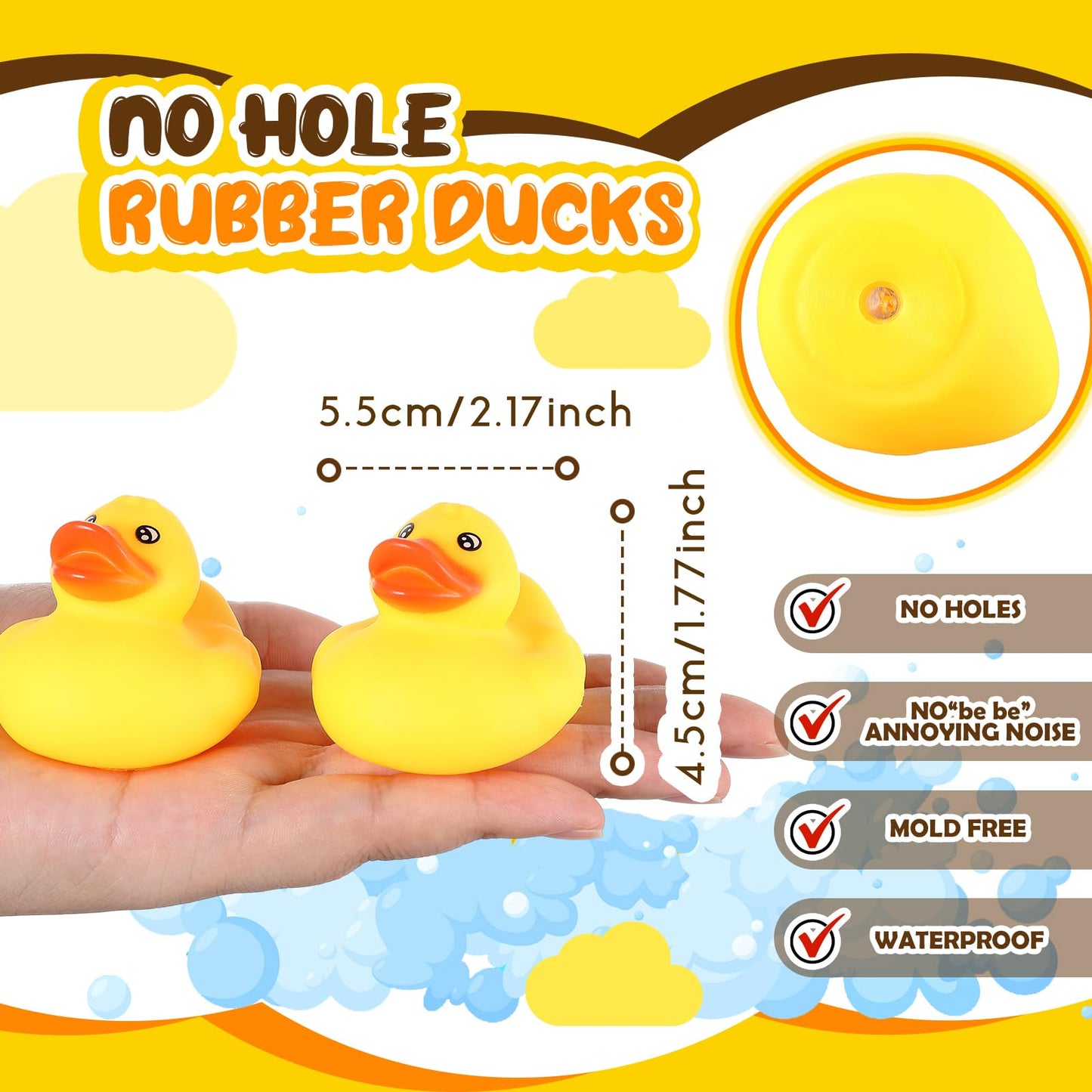 Lenwen 50 Pcs 2.2 Inch Waterproof No Hole Rubber Ducks Bath Toy with Sealed Plug Without Hole Bathtub Floating Bath Toy for Birt