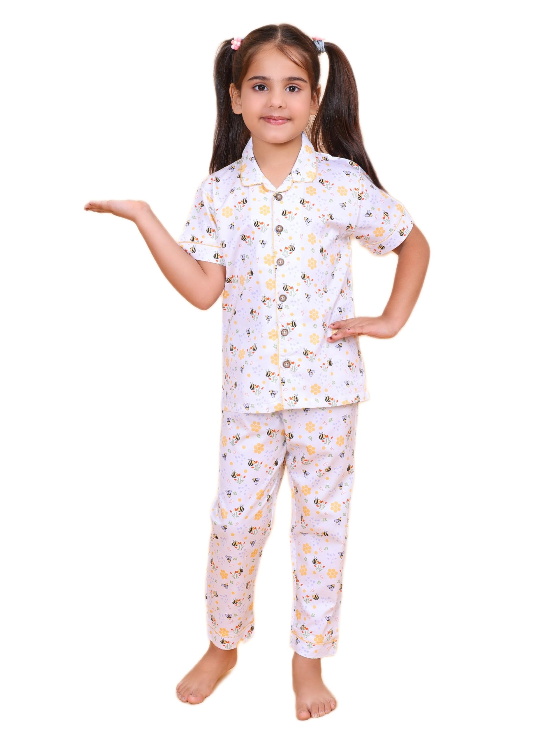 CASA DE NEENEE Hooper Range Pure Cotton Half Sleeves Shirt Pyjama Set Cream Color for Girls Age 56 Y